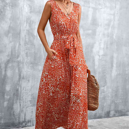 Printed V-Neck Tie Waist Maxi Dress