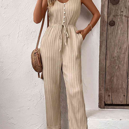 Textured Sleeveless Jumpsuit with Pockets
