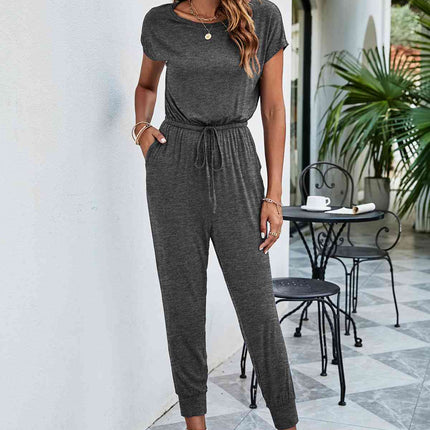 Drawstring Waist Short Sleeve Jogger Jumpsuit