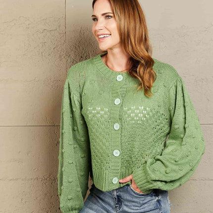 Woven Right Openwork Pompom Puff Sleeve Cardigan