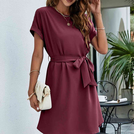 Belted Round Neck Curved Hem Dress