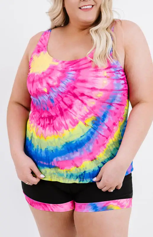 Tankini multicolor con efecto tie-dye y arcoíris de talla grande 