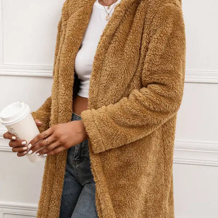 Gabardina con capucha y cárdigan de longitud media de lana de cordero para mujer 