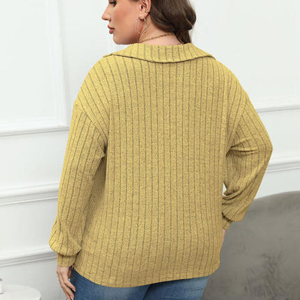 Plus Size Ribbed Collared Neck Long Sleeve Blouse