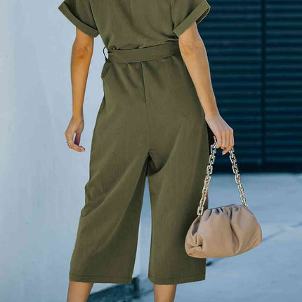 Tie-Waist Buttoned Cropped Jumpsuit