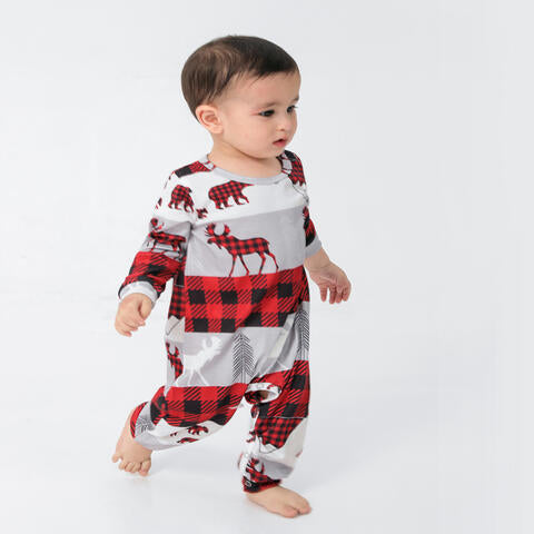 Baby Reindeer & Plaid Round Neck Jumpsuit