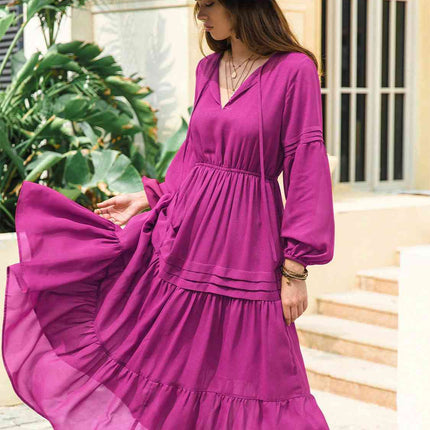 Tie Neck Long Sleeve Midi Tiered Dress