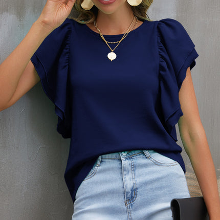 Round Neck Flounce Sleeve Blouse