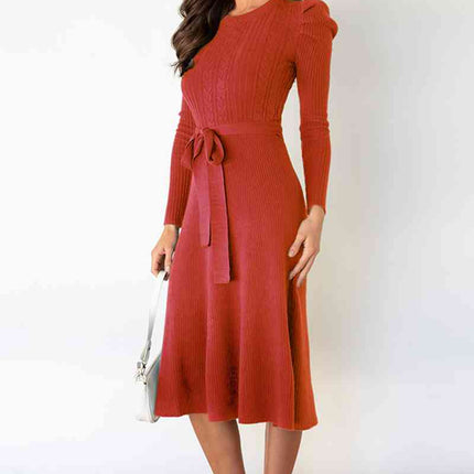 Round Neck Long Sleeve Tie Waist Sweater Dress