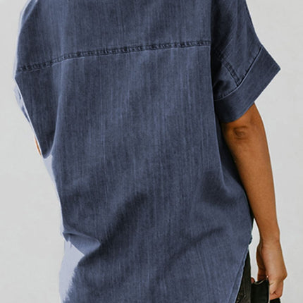 Pocketed Button Up Short Sleeve Denim Shirt