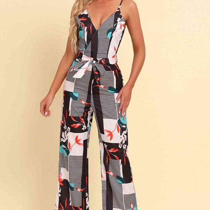 Printed Spaghetti Strap Tied Jumpsuit