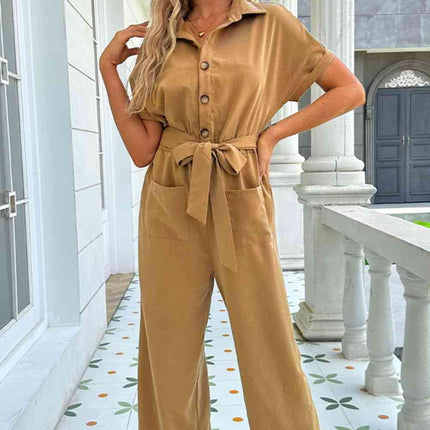 Tie Belt Buttoned Short Sleeve Collared Neck Jumpsuit