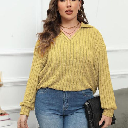 Plus Size Ribbed Collared Neck Long Sleeve Blouse