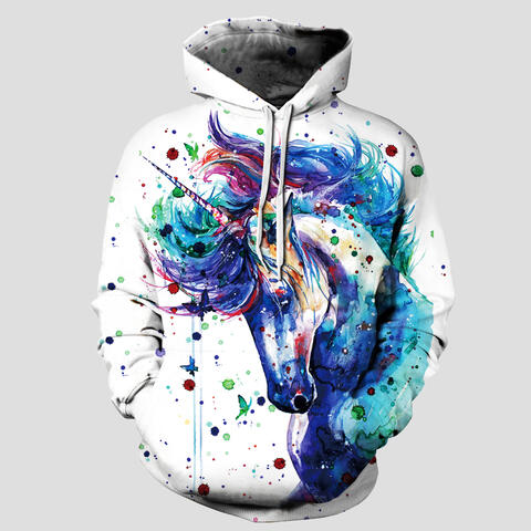 Full Size Unicorn Print Drawstring Hoodie with Pockets