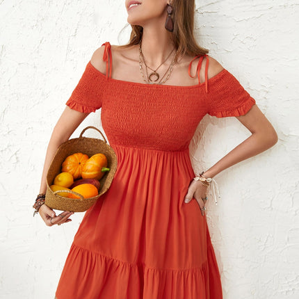 Smocked Spaghetti Strap Short Sleeve Dress