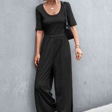 Scoop Neck Half Sleeve Wide Leg Jumpsuit