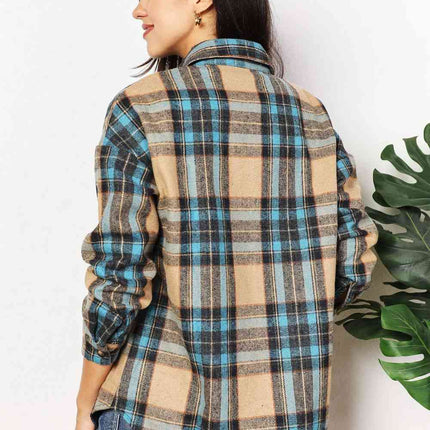 Double Take Plaid Curved Hem Shirt Jacket with Breast Pockets