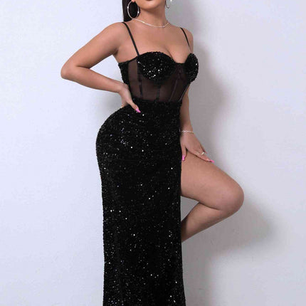 Sequin Spliced Mesh Adjustable Strap Dress