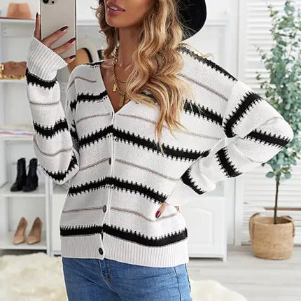 Nuevo cárdigan informal a rayas con cuello en V y manga larga para mujer 