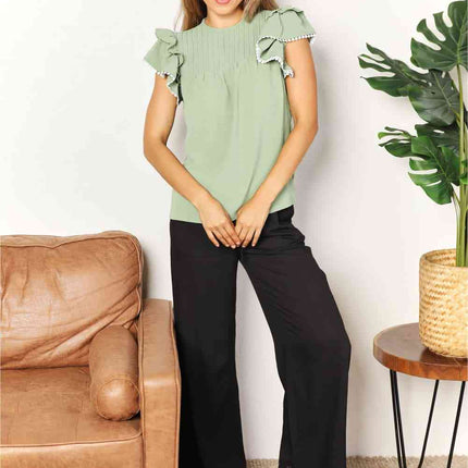 Double Take Pleated Detail Flutter Sleeve Blouse