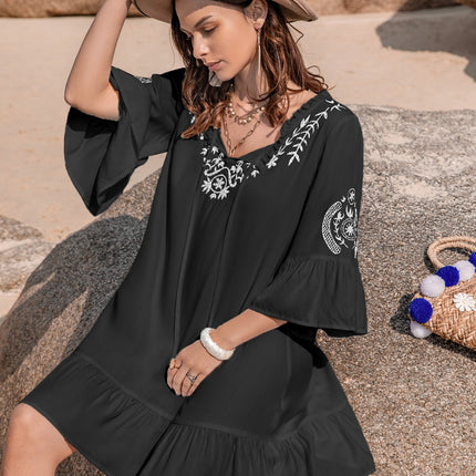 Printed Tie Neck Flounce Sleeve Mini Dress