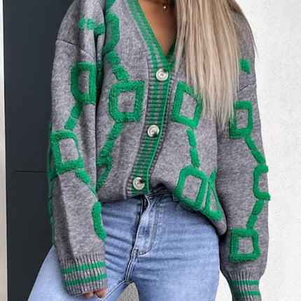 Geometric Dropped Shoulder Button Down Cardigan