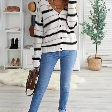 Nuevo cárdigan informal a rayas con cuello en V y manga larga para mujer 