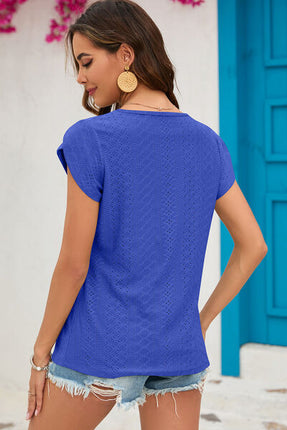 Eyelet Round Neck Short Sleeve T-Shirt