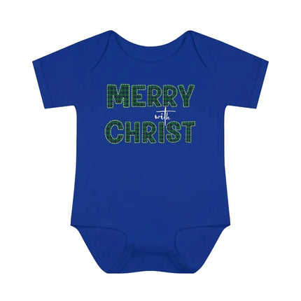 Short Sleeve Baby Onesie for Infants and Toddlers, Merry With Christ, Green Plaid Christmas Holiday Pattern Print