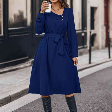 Buttoned Tie Front Long Sleeve Asymmetrical Neck Dress