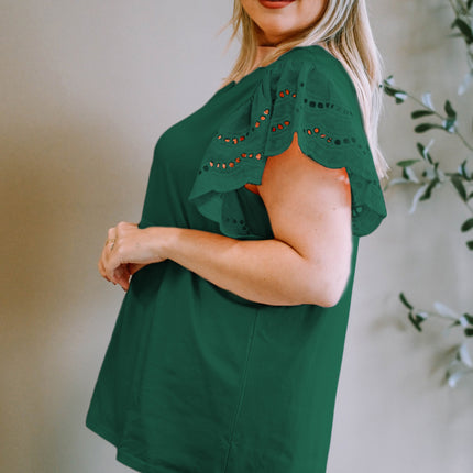 Plus Size Eyelet Round Neck Short Sleeve Blouse
