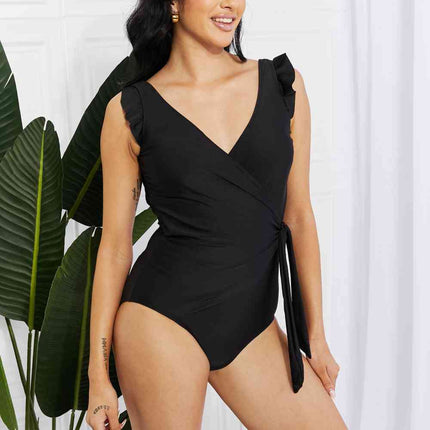 Marina West Swim Full Size Float On Ruffle Faux Wrap One-Piece in Black