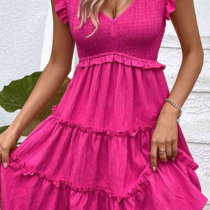 Smocked Frill Trim Deep V Dress
