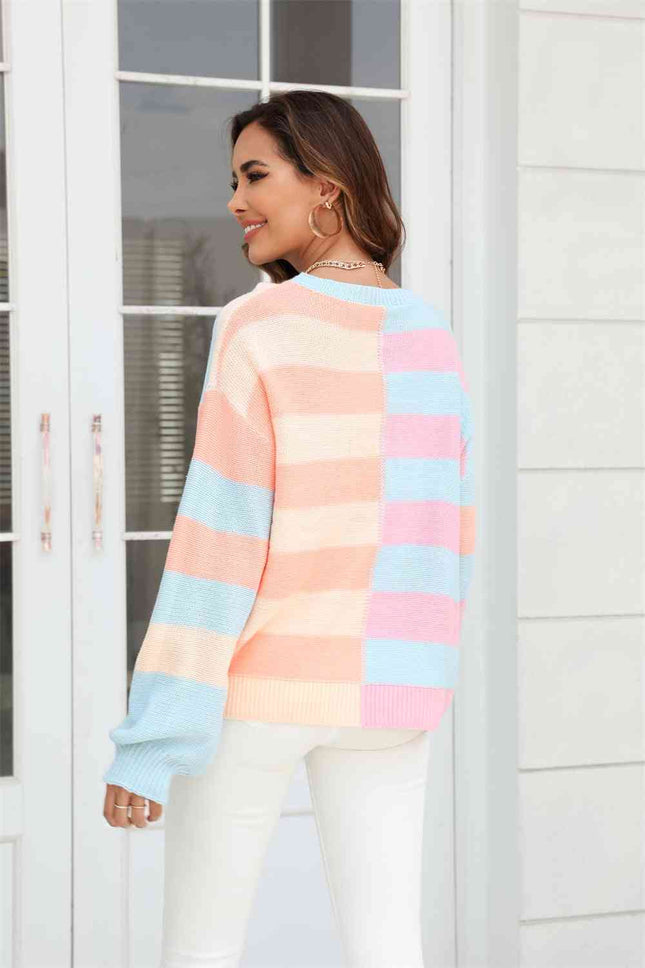 Round Neck Long Sleeve Color Block Dropped Shoulder Pullover Sweater