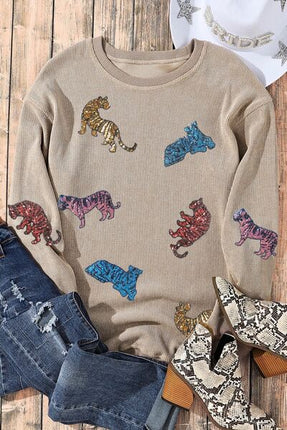 Animal Sequin Dropped Shoulder Sweatshirt - Vickie Lynn's
