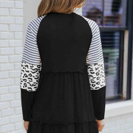 Mixed Print Frill Trim  Long Sleeve Dress