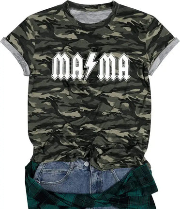 Women's camouflage mama print crewneck short-sleeved T-shirt