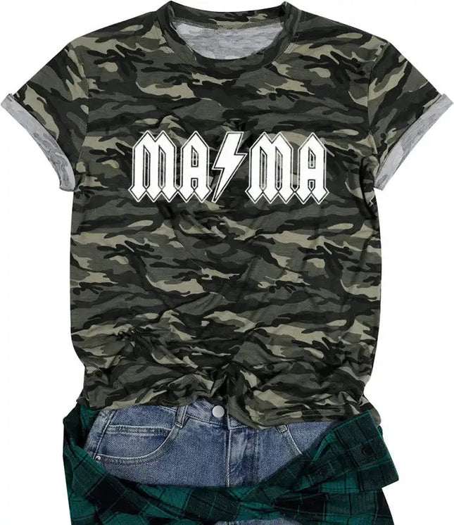 Camiseta de manga corta con cuello redondo y estampado de mamá de camuflaje para mujer 