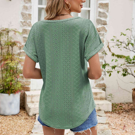 Full Size Round Neck Eyelet Short Sleeve Top