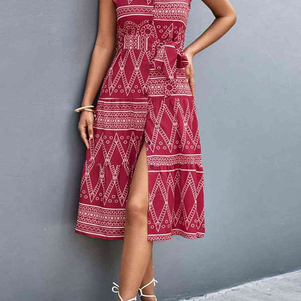 Printed Button Front Tie-Waist Sleeveless Collared Dress