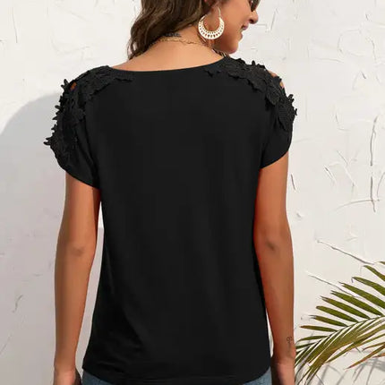 Women's Casual Lace Stitched V-Neck Pullover Short Sleeve Tops