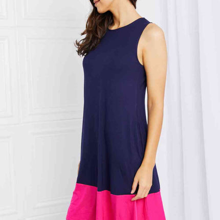 Yelete Full Size Two-Tone Sleeveless Mini Dress with Pockets