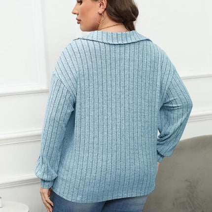 Plus Size Ribbed Collared Neck Long Sleeve Blouse