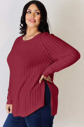 Basic Bae Full Size Ribbed Round Neck Slit T-Shirt - Vickie Lynn's