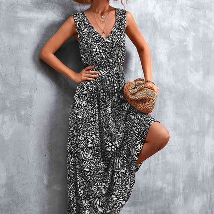 Printed V-Neck Tie Waist Maxi Dress