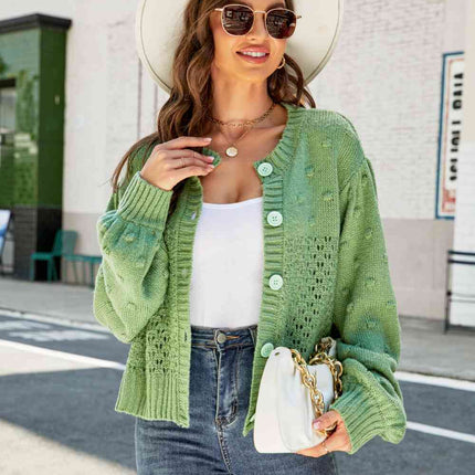 Woven Right Openwork Pompom Puff Sleeve Cardigan