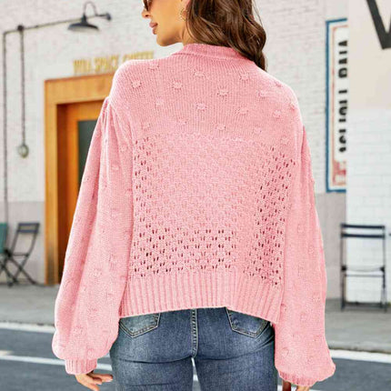 Woven Right Openwork Pompom Puff Sleeve Cardigan