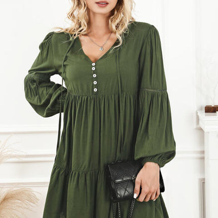 Tie Neck Long Sleeve Tiered Dress
