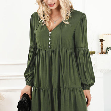 Tie Neck Long Sleeve Tiered Dress
