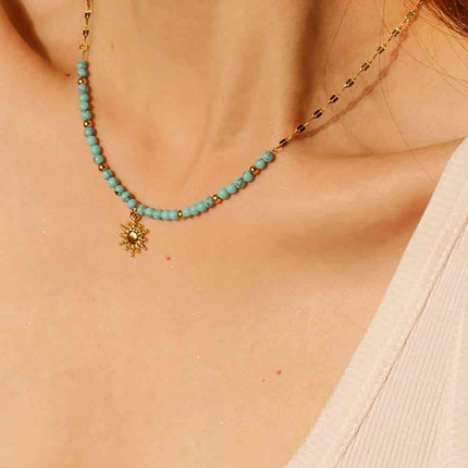 Turquoise Beaded 18K Gold-Plated Sun Shape Pendant Necklace